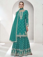 Dark Aqua Premium Chinon Silk Sharara Suit